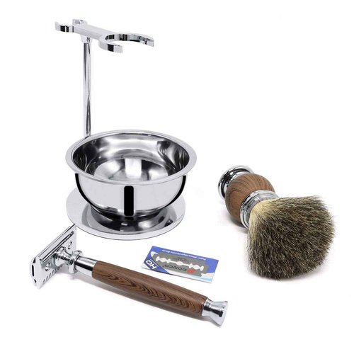 Jolitac Wet Shaving Kit For Men - Badger Hair Shaving Brush, Shaving Stand, Stainless Steel Shaving Bowl Mug, Double Edge Safety Razor, Men's Safety Razor Grooming Gift Set (Wood)