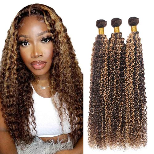 P427 Highlight Blonde Bundles Human Hair Brown Kinky Curly 3 Bundles 14 16 18 Inch Unprocessed Brazilian Virgin Remy Honey Blonde Bundle Kinky Curly Human Hair Extensions