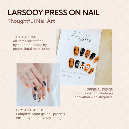 LARSOOY Nails Handmade Press On Nails Middle Square | Hand Painted Reusable False Nails with Unique Halloween Designs | 10 Pcs (Halloween Drawing, M)