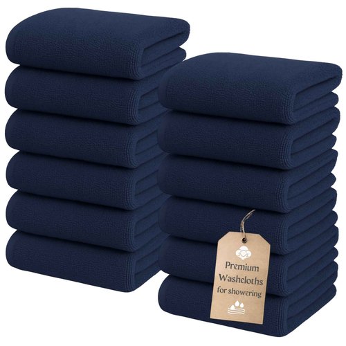 The Towels Haven Luxurious Wash Cloths for Showering [13x13] - Thick, Soft, 100% Cotton Washcloths [Pack of 12] Absorbent Face Towels for Bathroom, Gym, and Spa Ideal for Daily Skincare (Navy Blue)