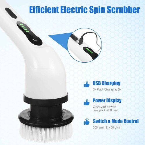 Electric Spin Scrubber, Cordless Shower Scrubber with Long Adjustable Handle and 9 Replaceable Brush Heads for Cleaning, Bathroom Brushes for Cleaning Shower, Tile, Kitchen, Floor