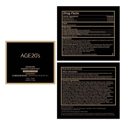 AGE20'S Signature Essence Pact SPF 50+ | Pack of 2 | 23 Medium Beige | Cream Foundation, Dewy Finish, Natural Coverage | Korean Cushion Foundation