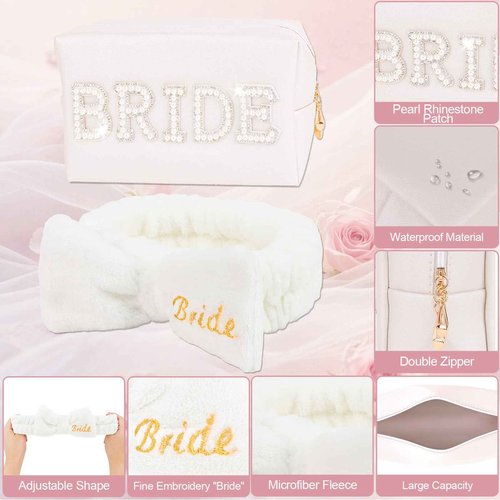 CIEHER Bride To Be Gift Set - Bride Spa Headband & Slippers, Makeup Bag, Bridal Gifts for Bachelorette Party Favors Bridal Shower Wedding Day