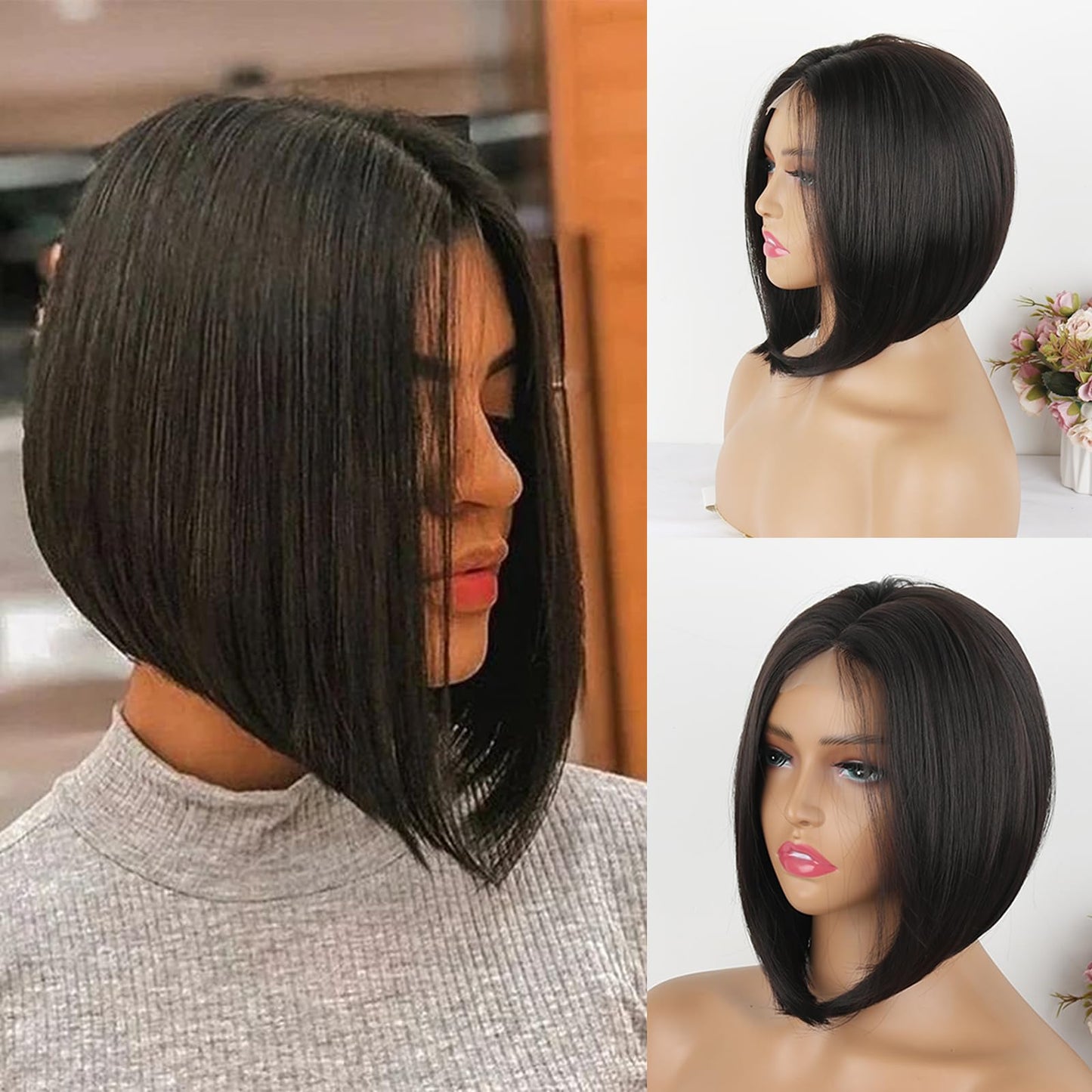 Liyoda Angled Bob Wig Short Bob Wig Straight Cut Inverted Bob Wigs for Women Black Bob Lace Wig Lace Front Bob Wig Middle Part Synthetic Bob Wigs for Black Women (#2)