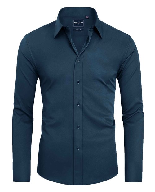 Alimens & Gentle Slim Fit Dress Shirts for Men Long Sleeve Stretch Stain Proof Wrinkle Free Button Down Shirts Formal Shirts Light Navy