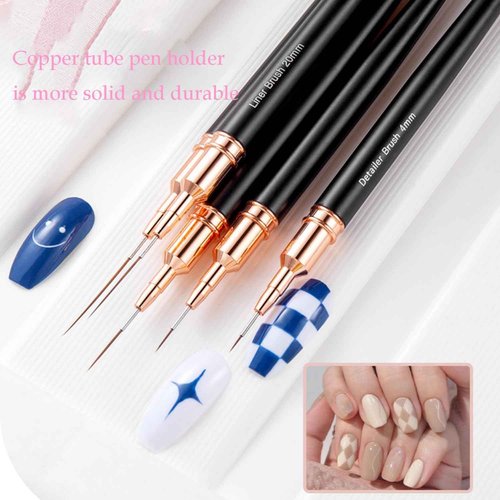 5Pcs Metallic Nail Art Liner Brush Set, UV Gel Polish Painting Tools for Long Lines, Thin Details, Fine Drawing, Sizes 4/8/12/20/25mm (Black)