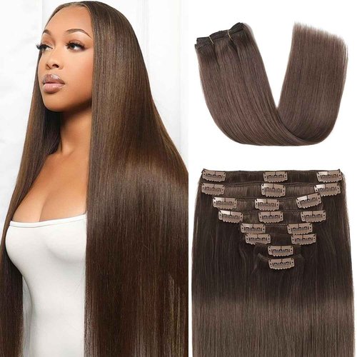Clip in Hair Extensions Real Human Hair Clip ins 100% Human Hair Extension for Women Clip in Extensions 8pcs Per Set with 18 Clips Double Weft (18 Inch 80g #4 Chocolate Brown)