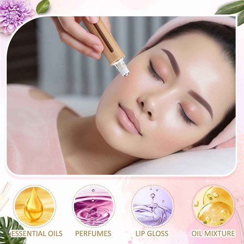 BrightRow 18 Pcs 10ml Bamboo Roll on Bottles for Essential Oils Empty Bottles with Stainless Steel Roller Balls with Funnels, 3ml Droppers and Stickers