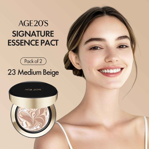 AGE20'S Signature Essence Pact SPF 50+ | Pack of 2 | 23 Medium Beige | Cream Foundation, Dewy Finish, Natural Coverage | Korean Cushion Foundation