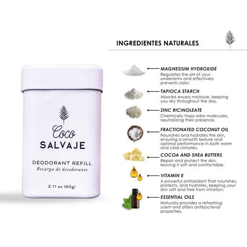 COCO SALVAJE Natural Deodorant Starter Kit for Women & Men | Aluminum Free with Magnesium | Non toxic, Vegan, Hypoallergenic and Pregnancy Safe | 2.11oz Refill & Metal Case (LAS VELAS (Minty))