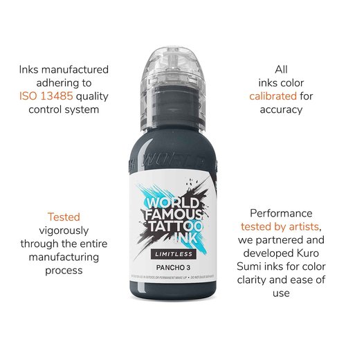 World Famous Tattoo Ink Limitless - Pancho 3 - Professional Tattoo Ink & Tattoo Supplies - Skin-Safe Permanent Tattooing in Bold Shades - Vegan & Non-Toxic (1 oz)