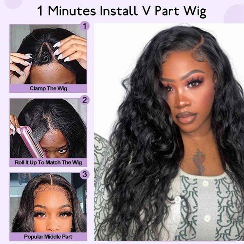 Curly V Part Wig Water Wave No Leave Out V Part Wigs Full Head Clip In Upgrade U Part Glueless Half Wigs for Black Women Premium Fiber & Remy Human Hair Blended (Natural Black, 22 Inch)