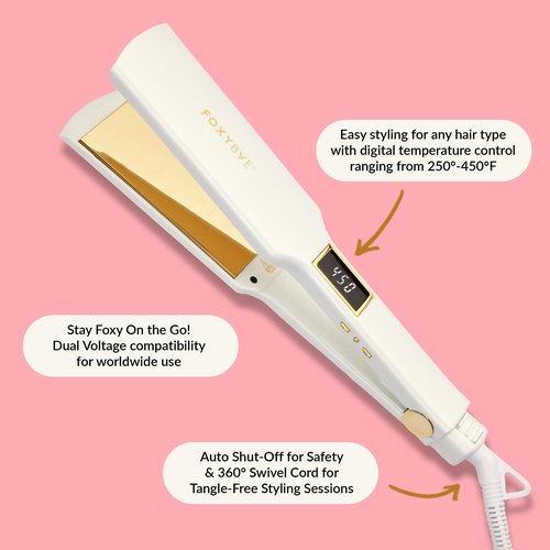 FoxyBae Flat Iron Hair Straightener - 1.75" TRÉS Sleek Grande Wide Plate Titanium Flat Iron - Dual Voltage Portable Hair Straightener for Frizz Free, Shiny & Smooth [Pearl-White Gold]