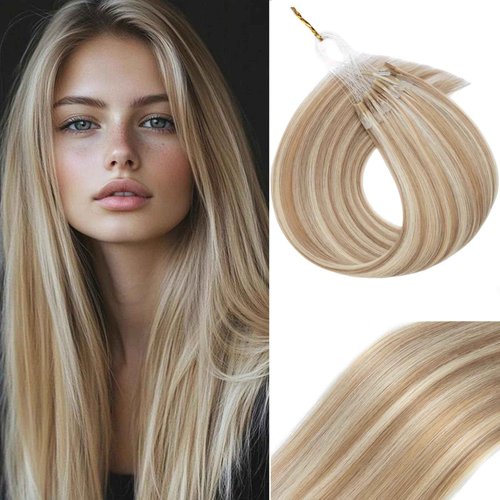 S-noilite U Tip Hair Extensions 100% Real Remy Human Hair Upgraded Micro Ring K Tip Extensions Pre Bonded Keratin Hair Extensions 50g/50 Stands 14 Inch Golden Brown Highlighted Bleach Blonde