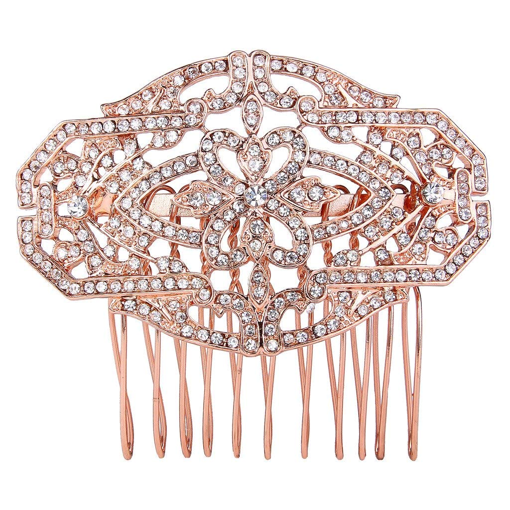 EVER FAITH Women's Austrian Crystal 1920s Style Flower Knot Hair Side Comb Clear Rose Gold-Tone