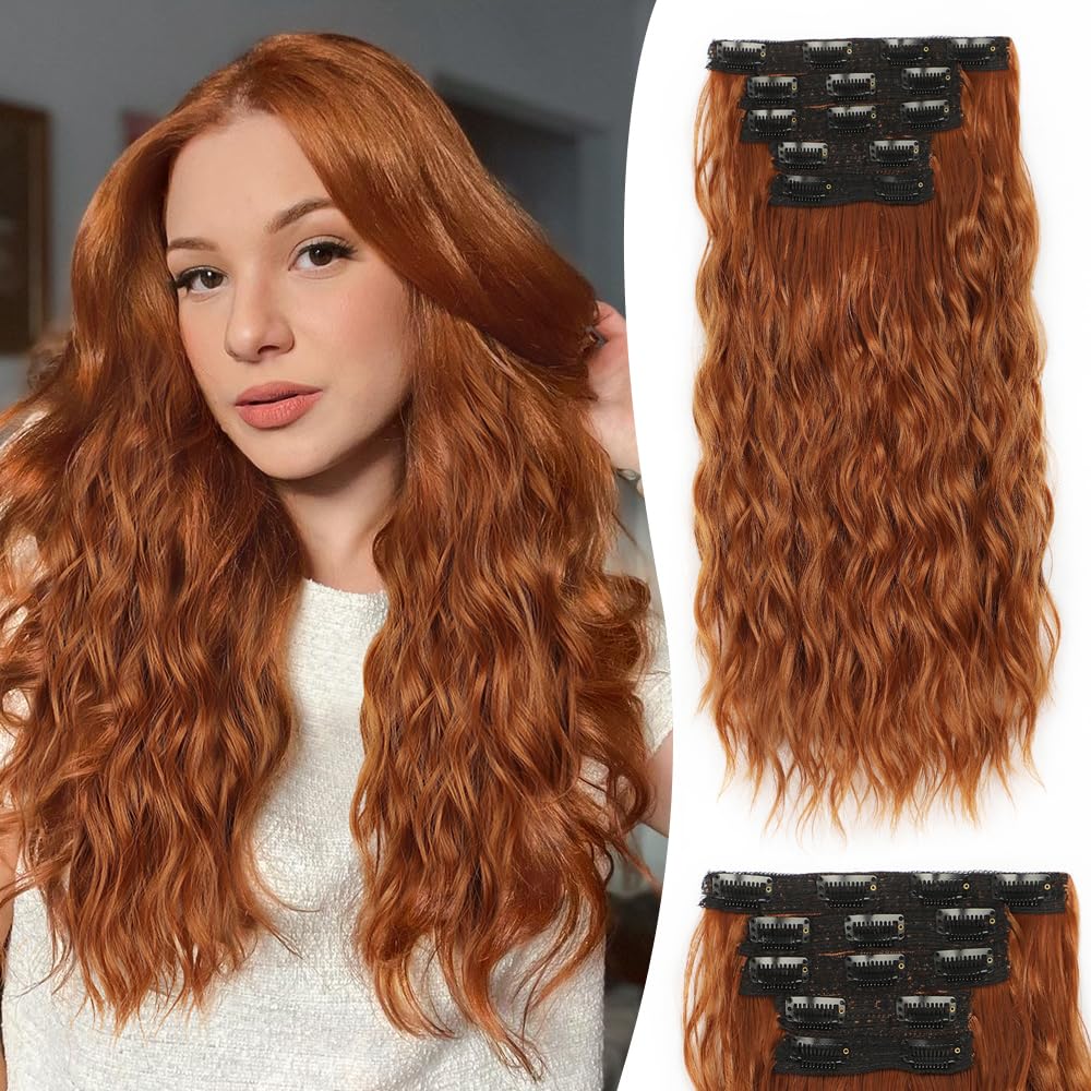 ALXNAN Clip in Hair Extensions, 16" Orange Red Hair Extensions, Thick Long Mermaid Waves Hair Extensions Soft Hairpieces For Women