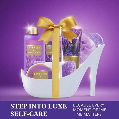 Christmas Gifts For Women, Spa Gift Basket for Women– 9 Piece Set of Lavender Home Spa Set, Bath Gift Set, with Shower Gel, Shea Butter and Body Lotion, Anniversary Basket Gifts for Mom, Wife