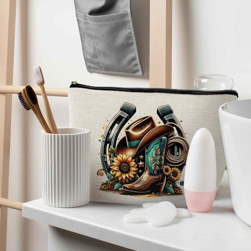 RYYCDOI Country Girl Sunflower Makeup Bag - Cowgirl Boots Cosmetic Toiletry Pouch for Women - Western Gift