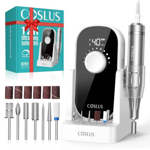 COSLUS Electric Nail Drill Professional: 40000 RPM Rechargeable Nail File with Stand for Acrylic Gel Nails - Stable & Smooth Grinding, Easy to Use, Ideal for Beginners Women, Home DIY and Salon, White