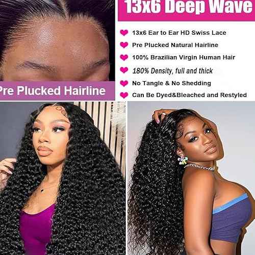 13x6 Deep Wave Lace Front Wigs Human Hair Curly Human Hair Wig for Women Deep Curly HD Lace Frontal Wigs Glueless Pre Plucked with Baby Hair Natural Color (20 Inch-10A)