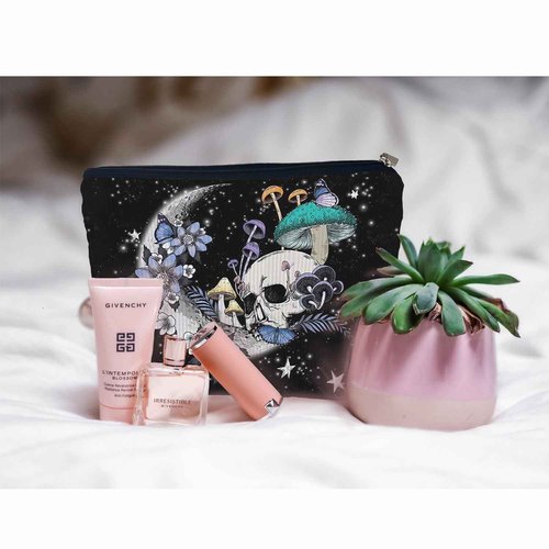 Ayxvt Gothic Hippie Skull Moon Mushroom Botanical Leaf Starry Night Corduroy Cosmetic Bag Decorative Women's Makeup Bag Zipper Pouch Travel Toiletry,Gifts for Skull Lovers Women Girls（Corduroy）