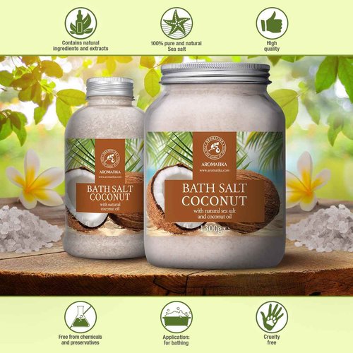 Bath Sea Salt Coconut 46 Oz (1300g) - Coconut oil for Bath Soak - Natural Sea Salt - Body Care - Beauty - Wellness - Relaxation - Aromatherapy Bath Salts - Exotic Scent