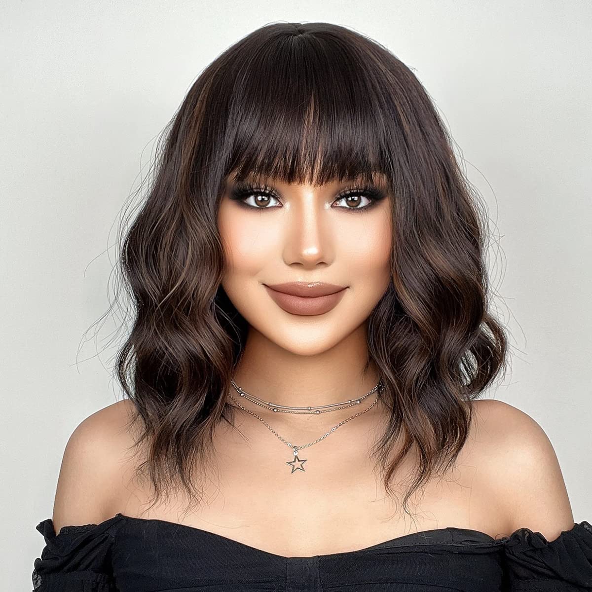 MAGQOO Dark Brown Wig Women Brown Highlight Wig Dark Brown Bob Wig Short Curly Wavy Dark Brown Wig with Bangs Synthetic Heat Resistant