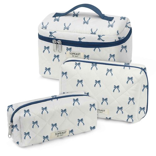 TOPEAST Christmas Gifts for Women Girls - 3Pcs Travel Makeup Bag Large Cute Quilted Make Up Bag for Purse, Portable Big Cosmetic Brush Pouch, Blue Bow