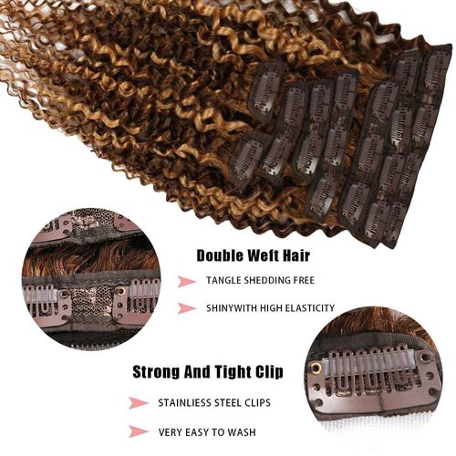 Highlight P4/27 Kinky Curly Clip Ins 12 Inch 110g 8pcs 3C 4A Curly Clip In Hair Extensions Real Human Hair Full Head for Women 100% Brazilian Remy Human Hair Extensions with 20 Clips #4/27