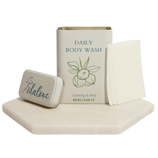 Tidalove Body Wash Sheets in Tin, Zero Waste, Vegan, Paraben-Free, SLS-Free, Cruelty-Free, TSA-Friendly, Travel Soap Sheets, 1 Month Supply (30 Sheets, 60 Washes) (Body Wash Sheets in Tin)