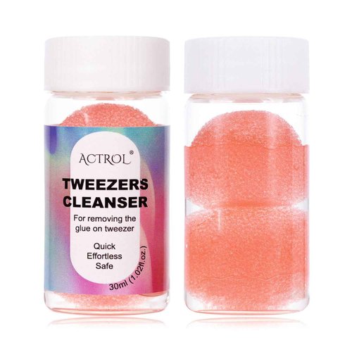 ACTROL Eyelash Extensions Tweezer Cleanser 1 Bottles Lash Tweezers Cleaning Tool for Lash Glue Remover with Sponge Pink Ball Eyelash Tweezer Liquid Supplies 30ml