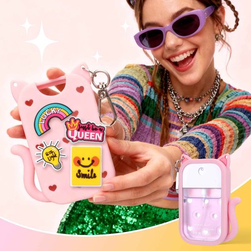 Juome Silicone Case for Touchland Hand Sanitizer Spray with Keychain & Charms, Cat Protective Holder Compatible with Touchland Power Mist & Glow Mist 1 FL Oz/30ML, Travel Cover Sleeve Accessory (Pink)