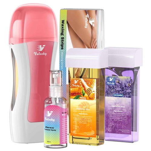 Vuteehy Roll on Wax Kit, Waxing Kit for Women, Roll on Waxing Kit for Hair Removal, Wax Roller Kit for All Skin Types for men, Hair Removal with 2 Soft Cartridges and 50 Strips