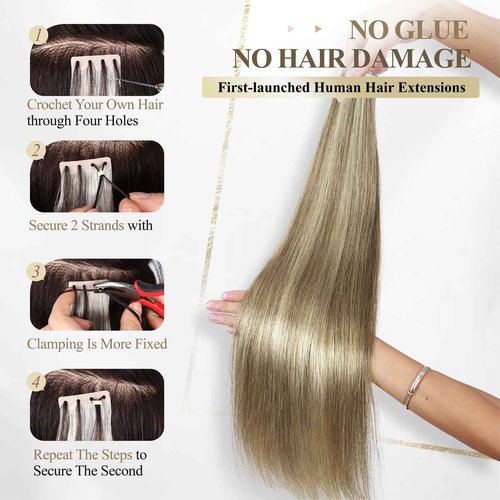 WIGER No Glue Highlighted Honey Blonde Micro Bead Hair Extensions Ombre Ash Blonde PU Insert Skin Weft Remy Human Hair Extensions Seamless Balayage Invisible Hair Extensions (50g, 20 Pcs)