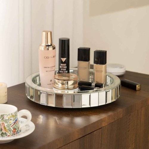 12in Round Rotating Organizer Tray,Silver Mirror Glass Coffee Table Tray,Table Centerpieces Decorative Trays for Home Decor,Living Room, Modern Decorative Trays, Centerpiece Trays