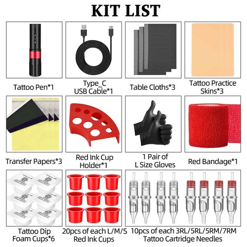 ATOMUS Cordless Tattoo Pen Machine Kit, 2000mah Rechargeable Pen Style Tattoo Cartridge Machine with Digital OLED Display 40pcs Tattoo Cartridge Needles 60pcs Ink Cups 6pcs Tattoo Dip Foam Cup