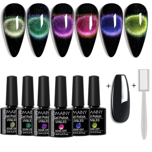 Omainy Gel Nail Polish-9D Cat Eye Gel Nail Polish -9D Magetic Gel Nail Polish With Magnet Color Collection Of Red Blue Yellow Lavender Light Yellow Soak Off UV LED Magnet Nail Art