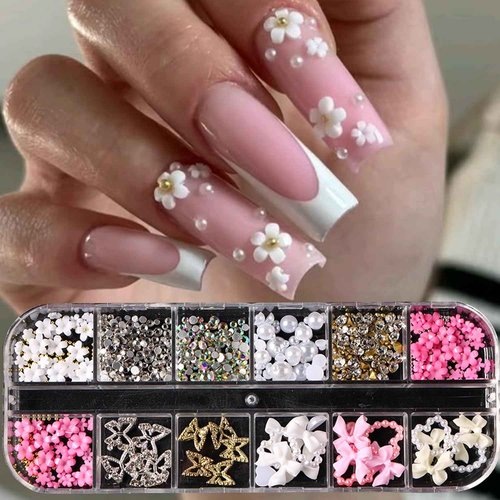 3D Nail Charms and Gems Set - 12 Grid Butterfly Charm Glitter Rhinestones Small Flower Steel Beads Pearl Bow DIY Mixed Nail Art Accessories Cute Butterflies Supplies DIY for Floral Manicure Craft