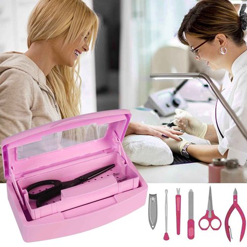 Gusnilo Sanitizing Tray - Disinfectant Container Nail Tool Sterilizer Box Plastic Sanitizing Box for Nail Tools, Hair Salon,Spa (Clear Lid, Pink)