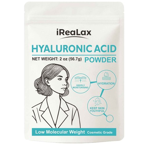 iReaLax Hyaluronic Acid Powder | Low Molecular Weight Hyaluronic Acid Serum Powder | 2oz (56.7g) Cosmetics Grade | Sodium Hyaluronate HA | LMW HMW Ingredients to Make Gel and DIY Serums