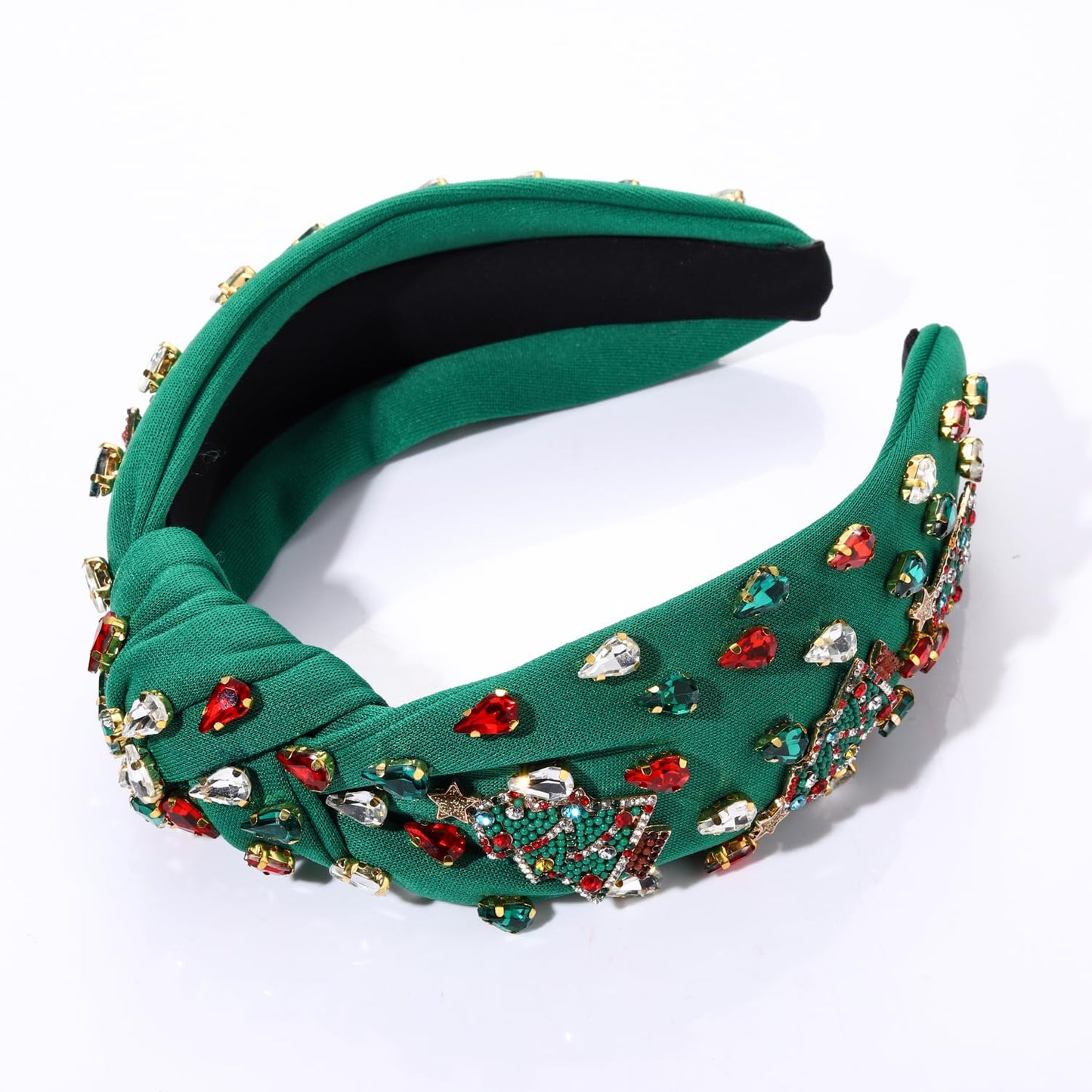 NVENF Christmas Headband for Women Beaded Xmas Tree Headband Jeweled Crystal Pearl Knotted Headbands Wide Top Knot Holiday Headband Christmas Hair Accessories Outfits Gifts (Christmas Tree 3)