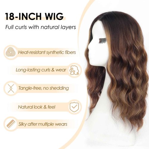 AISI HAIR Highlights Brown Wig for Women Medium Length Wave Curly Glueless Synthetic Heat Resistant Hair Wigs for Daily Party Cosplay