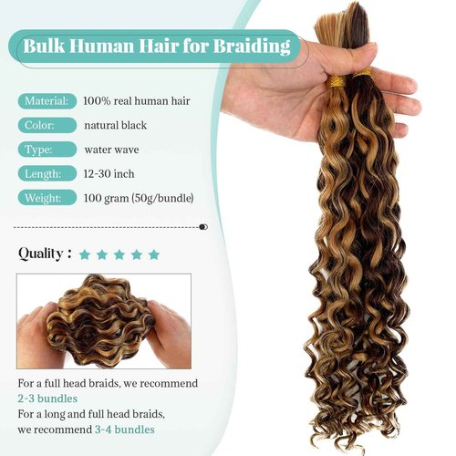 Human Braiding Hair for Boho Braids Deep Water Wave Bulk Human Hair for Braiding Curly Wet and Wavy 4/27 Brown with Honey Blonde Highlight Twist Hair Braiding 14 Inch No Weft 2 Bundles 100G