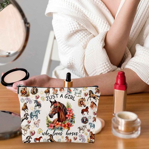 SHLINCO Equestrian Makeup Bag - Cute Horse Print Cosmetic Pouch for Girls & Teens | Horse Lover Gifts for Women, Birthday Gift | Travel Toiletry Organizer Accessories