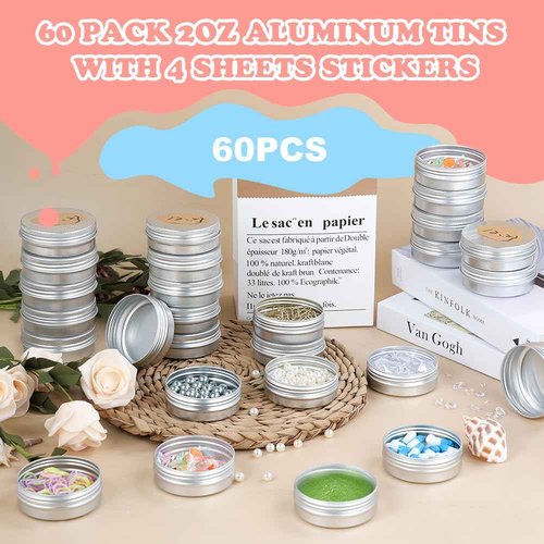 YQ 60 Pack 2oz Tins with Lids, Refillable Salve Tins, Thick 2 oz Tin with Labels, Screw Lid 2oz Tin, Aluminum Round Salve Containers, for Lotions, Balms, Salve, Candle(Silver)