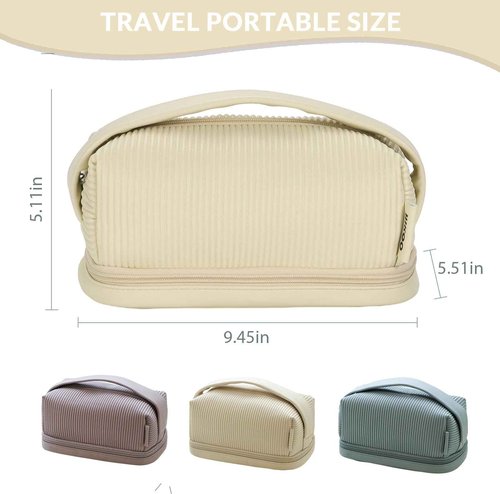Large Capacity Travel Cosmetic Bag for Women, Girls, Leather Double Layer Portable Makeup Bag with Brush Compartment for Travel Bathroom Beige