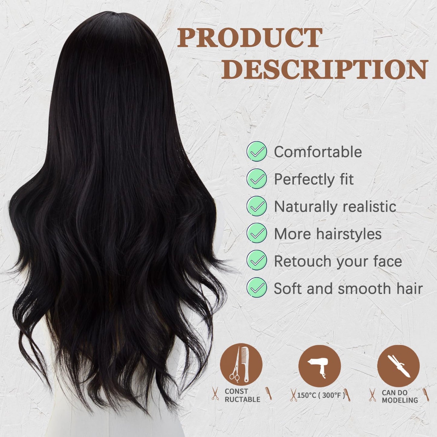 AICKER Long Black Wavy Wig for Women 26 Inch Middle Part Curly Wavy Wig Natural Looking Synthetic Heat Resistant Fiber Wig for Daily Party Use (Black)