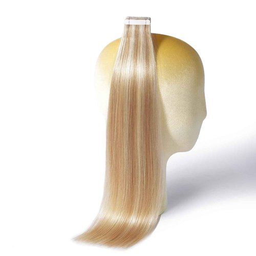 DNE Tape in Hair Extensions Real Human Hair 16 inches 20Pcs/50g/Pack Seamless #27/613 Light Color Straight Invisible Double Sided Tape in Hair Extensions for Women/Girls Can Bleached and Curl