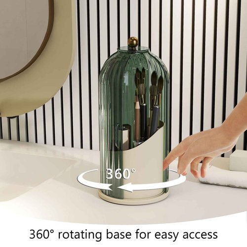 Emljkvp Makeup Brush Holder with Dustproof Cover 360 Rotating Makeup Brush Organizer for Vanity Bathroom, Green