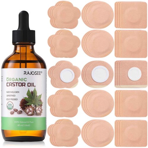 Castor Oil Belly Button Patch Set – 60pcs Castor Oil Patches in 3 Shapes with 4oz Organic Cold-Pressed Castor Oil Glass Bottle – Disposable, Leakproof, Skin-Friendly Castor Oil Pack Wrap